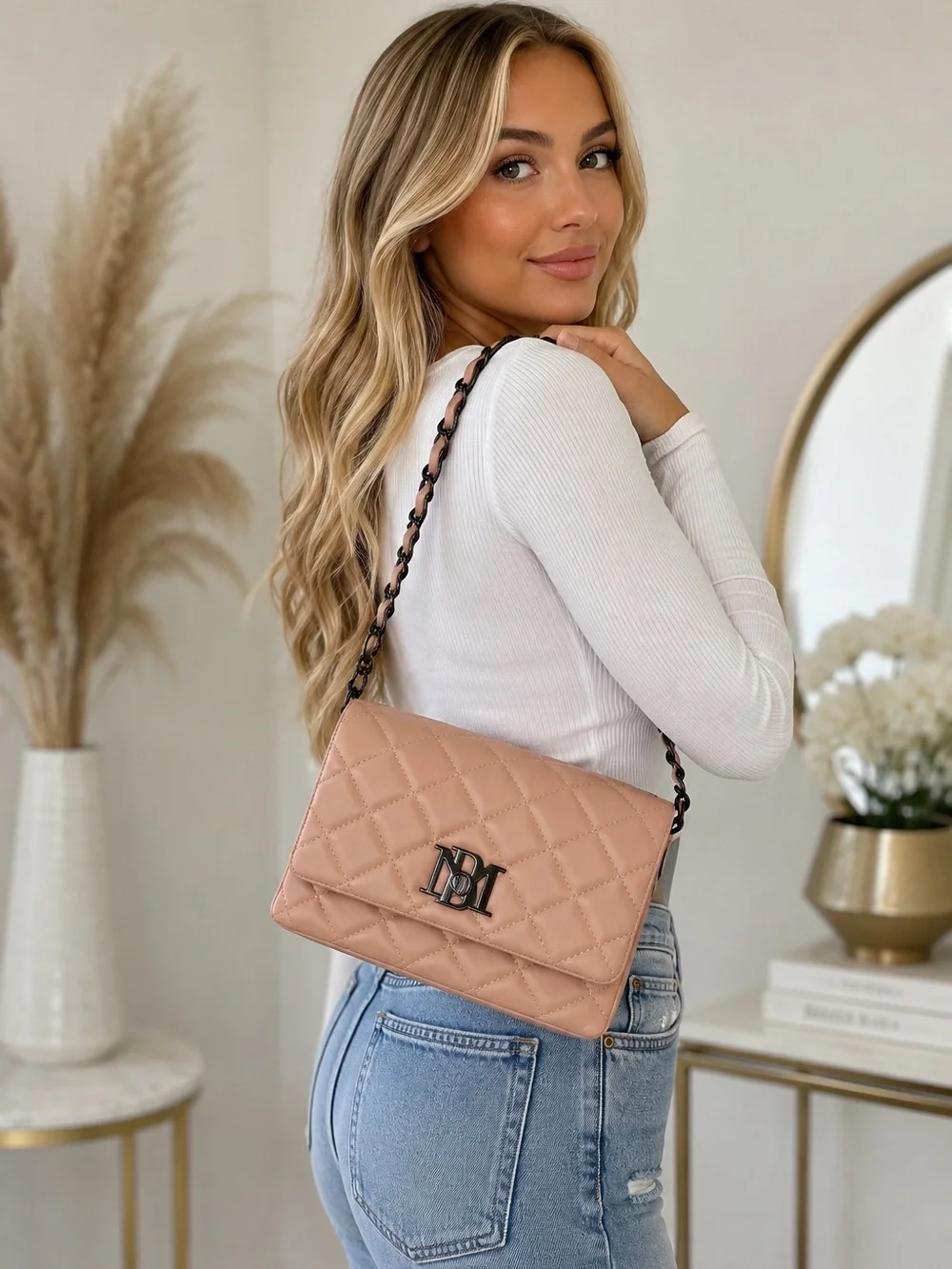 Badgley Mischka Quilted Blush Pink Messenger/Crossbody Bag
